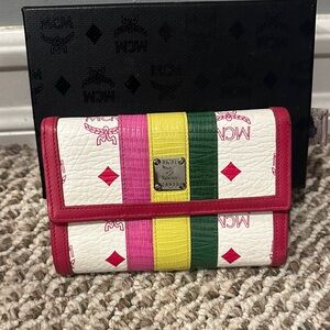 MCM White Wallet with Pink, Yellow, and Green Accents